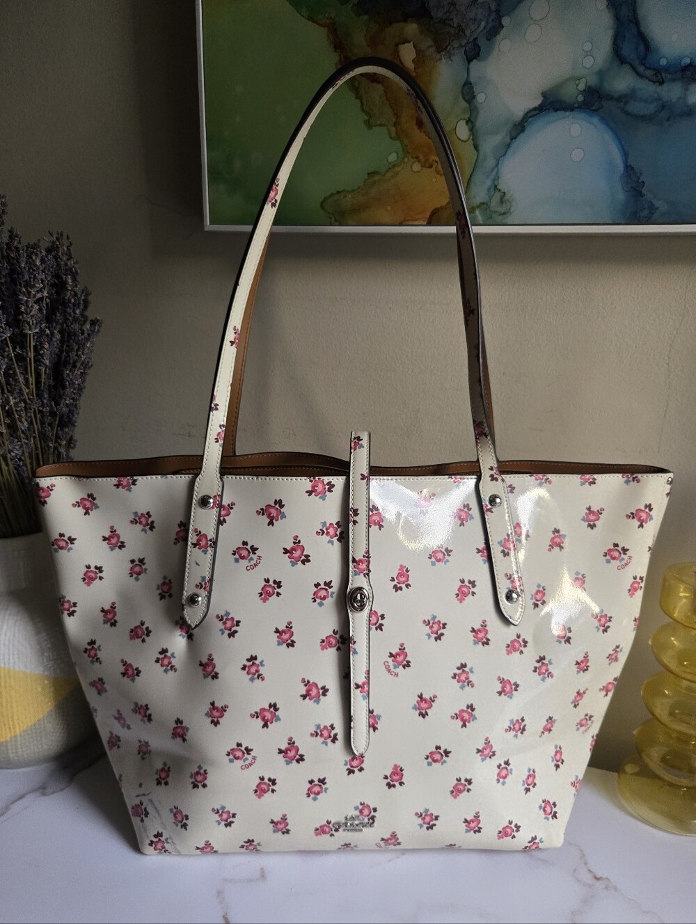 🌸GUC Coach Market Floral Bloom Large Patent Leather Tote Bag🌸